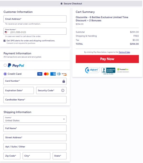 Secure payment and encrypted checkout for Gluconite purchase